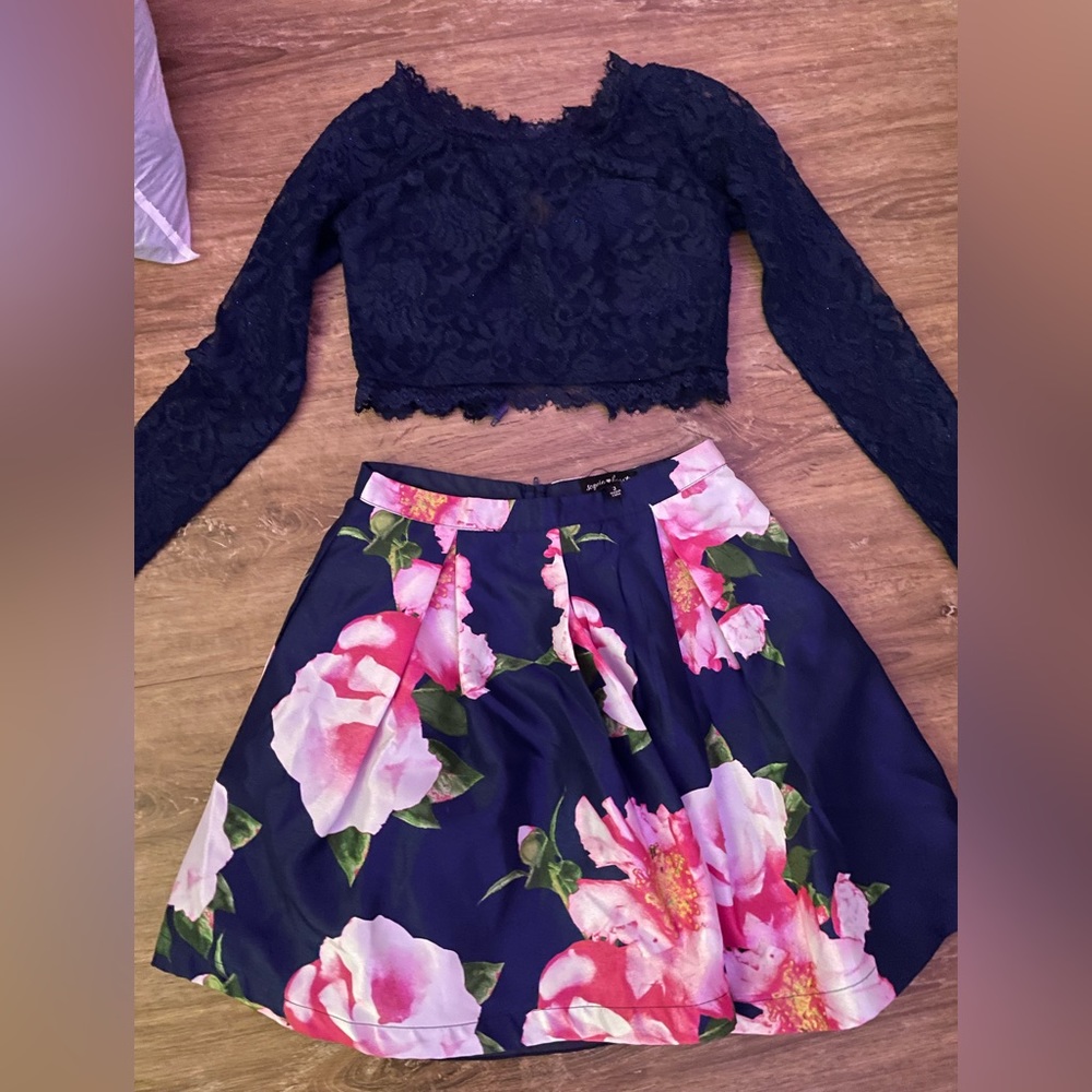 Two Piece Sequin Hearts Navy Blue & Floral Mini Dress
